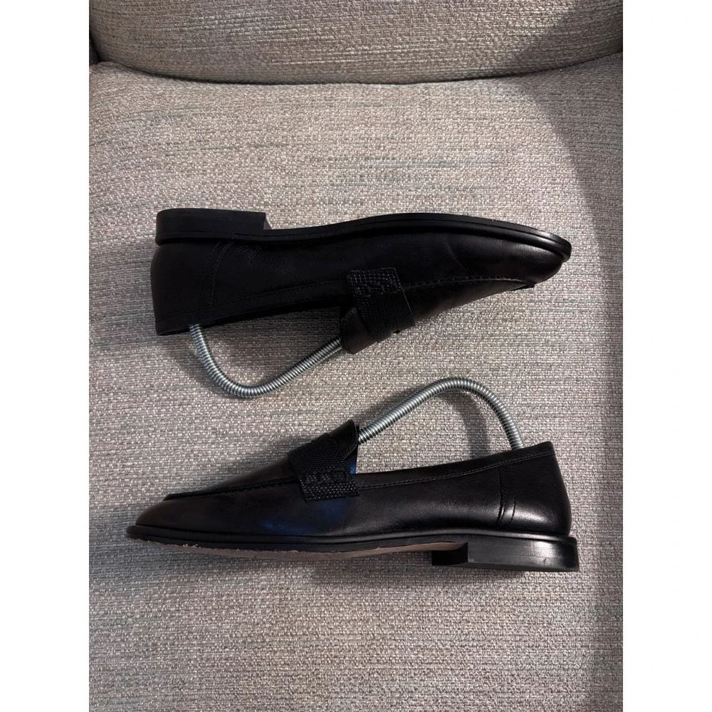 J. McLaughlin Black Brown Leather Penny Loafers Lizard Embossed Strap Womens 7.5